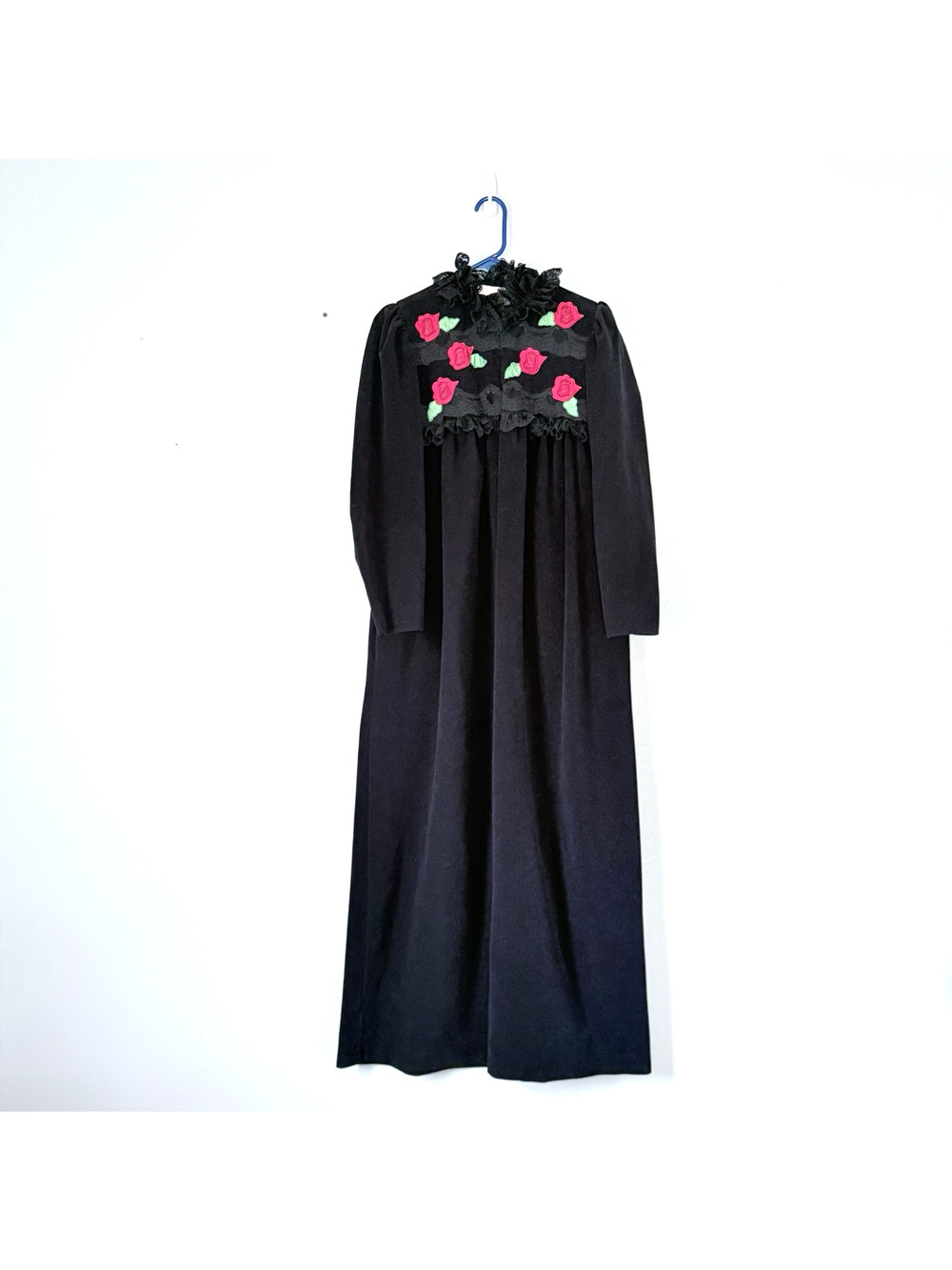 Oscar de la Renta Vintage Robe Small Black Lace Rosettes Velour Long 70s USA